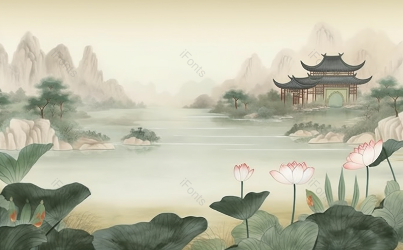 寺庙榫卯立夏平静湖面云雾缭绕荷花盛开国风水墨画,插画/手绘图,插画/手绘图库,插画/手绘图下载,插画/手绘